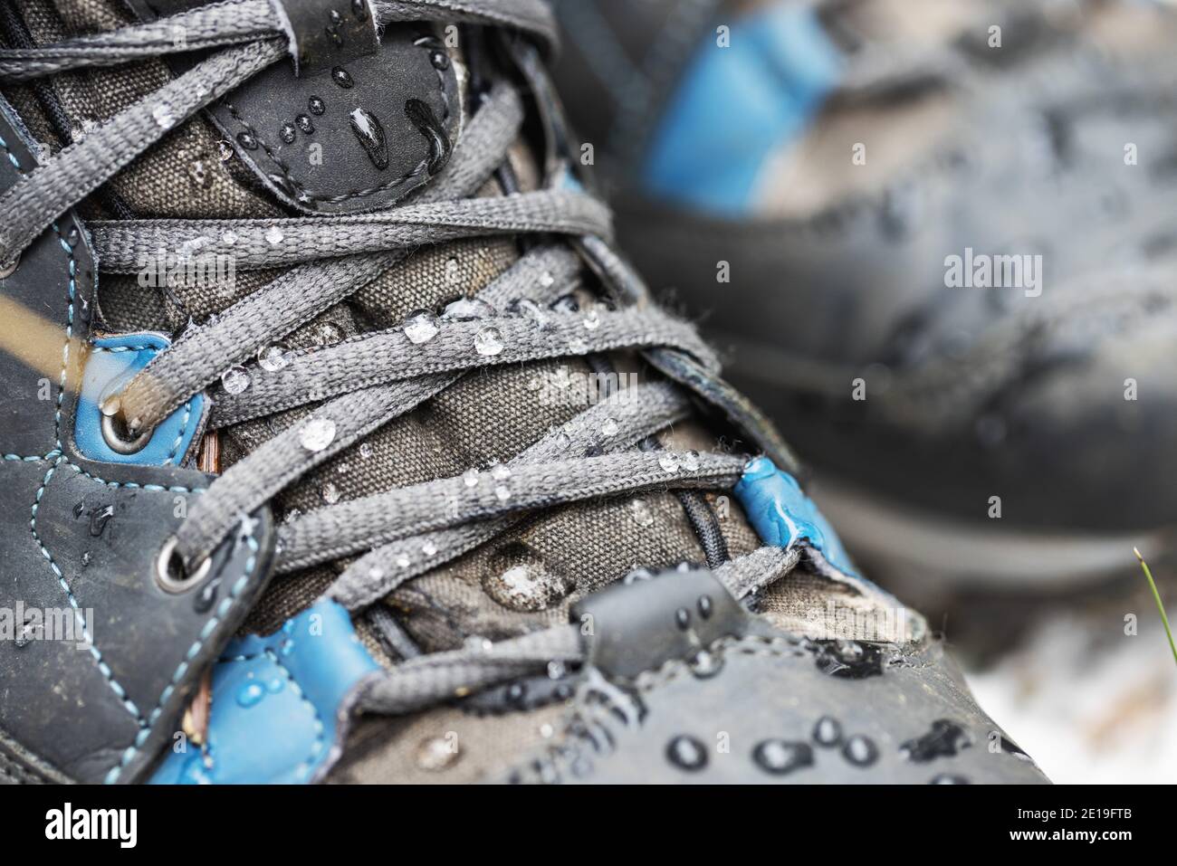 waterproof hiking boots. closeup of footwear with rain water drops Stock Photo