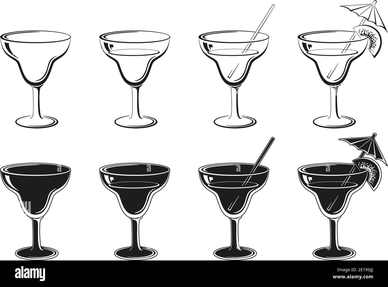 Glasses Set, Empty, with Drink, Kiwifruit and Straw Black Contours and Silhouettes Symbolical Pictogram Isolated on White Background. Vector Stock Vector