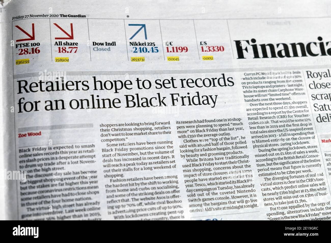 'Retailers hope to set records for an online Black Friday' Financial page in Guardian newspaper headline 27 November 2020 Stock Photo