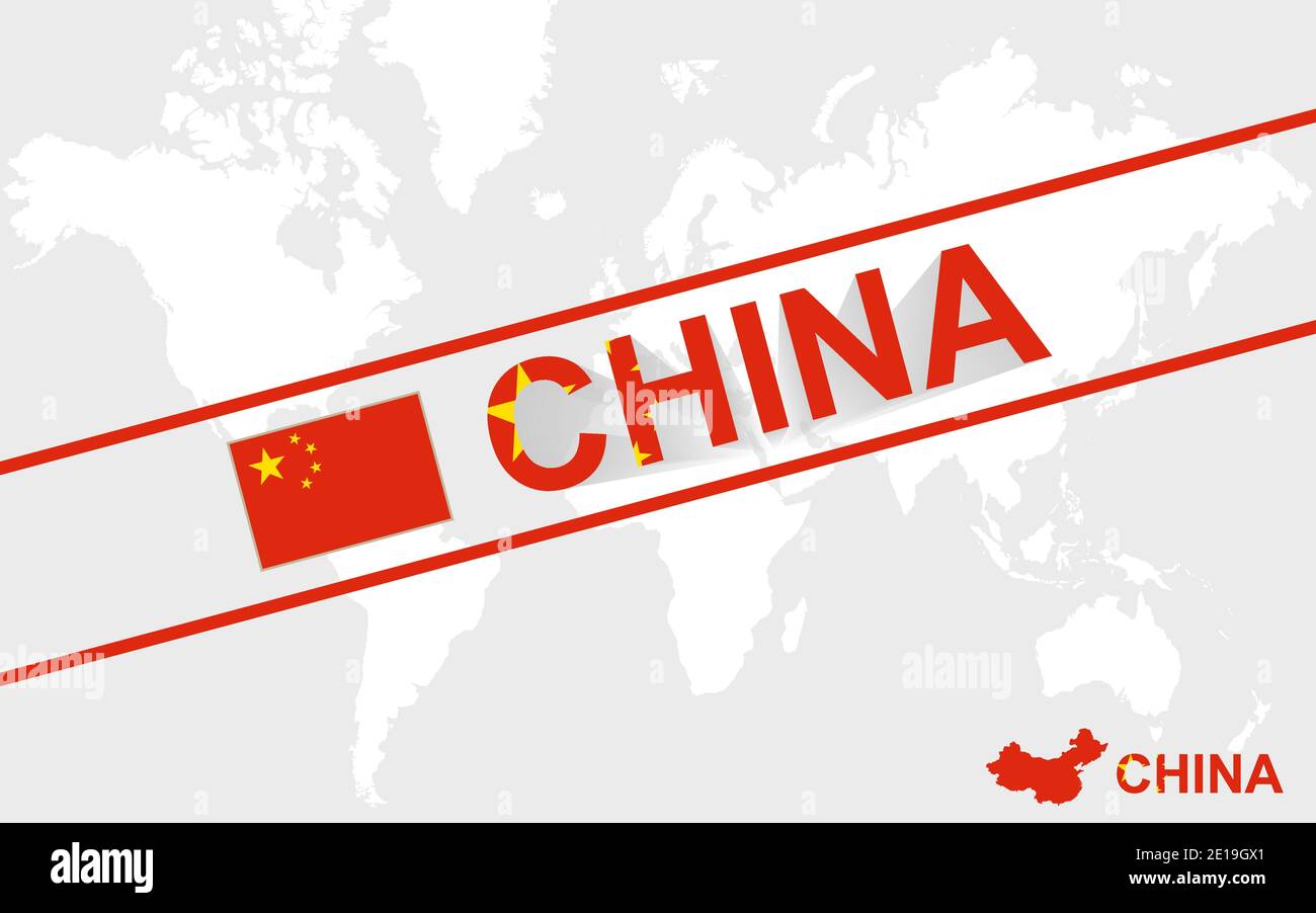 China map flag and text illustration, on world map Stock Vector