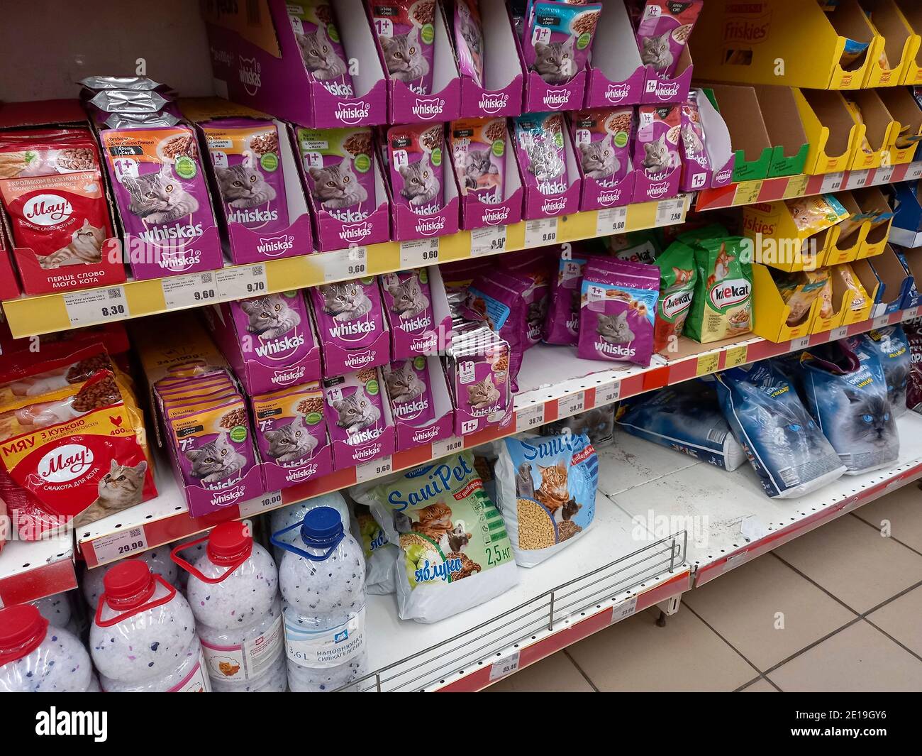 nikolaev ukraine january 5 2021 shelves in a supermarket with a large selection of cat food with price tags pet products trade 2E19GY6