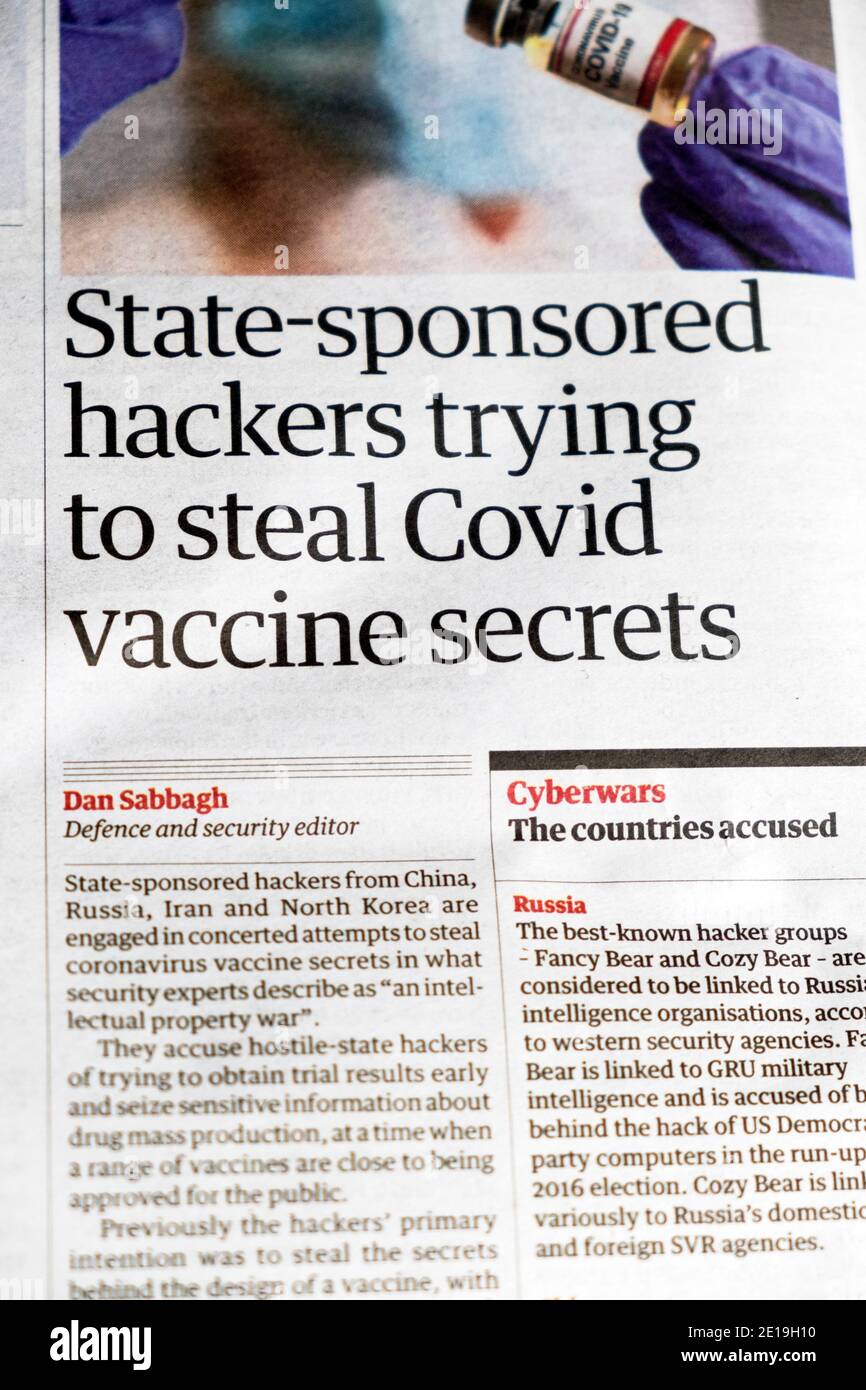 State Sponsored Hackers Trying To Steal Covid Vaccine Secrets Covid 19 News In Guardian Newspaper Headline 23 November London England Uk Stock Photo Alamy