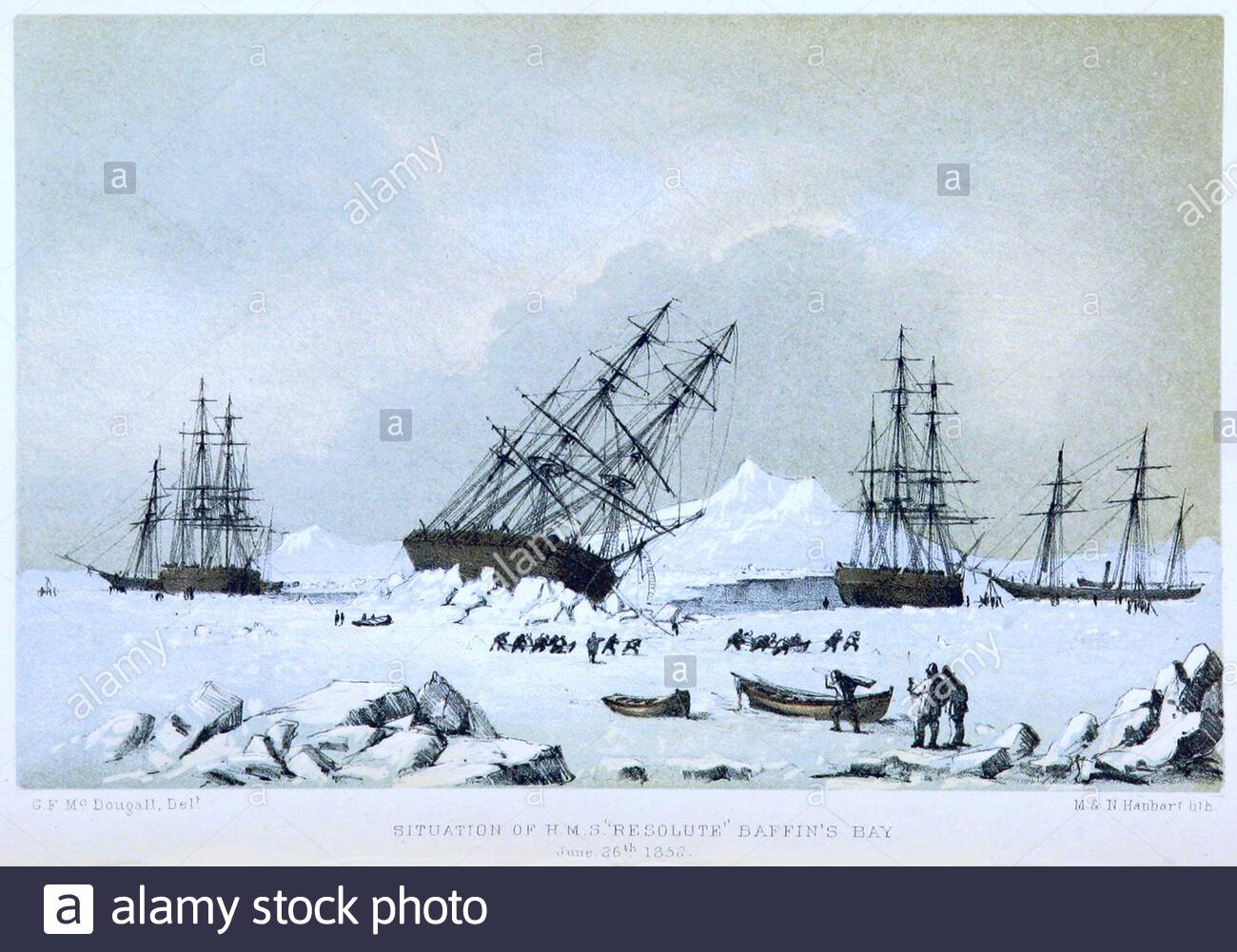 In the search for British Royal Navy officer and Arctic explorer, Captain Sir John Franklin, Situation of HMS Resolute and HMS Intrepid at Baffin Bay, vintage illustration from 1857 Stock Photo