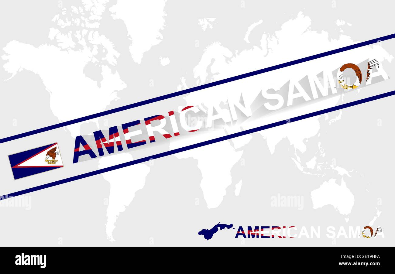 American Samoa map flag and text illustration, on world map Stock Vector