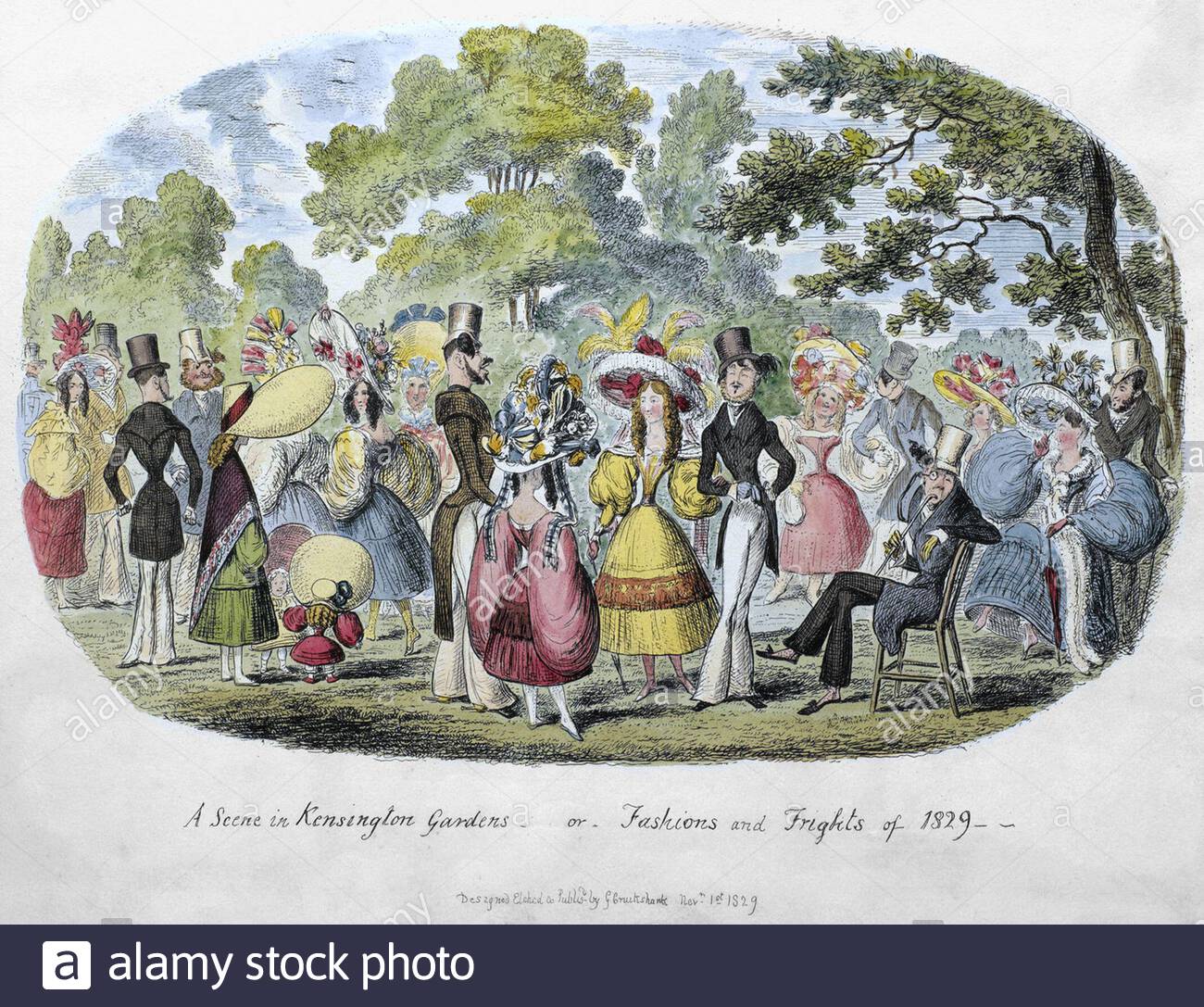 A scene in Kensington Gardens, or fashion and frights of 1829, vintage illustration from 1829 Stock Photo