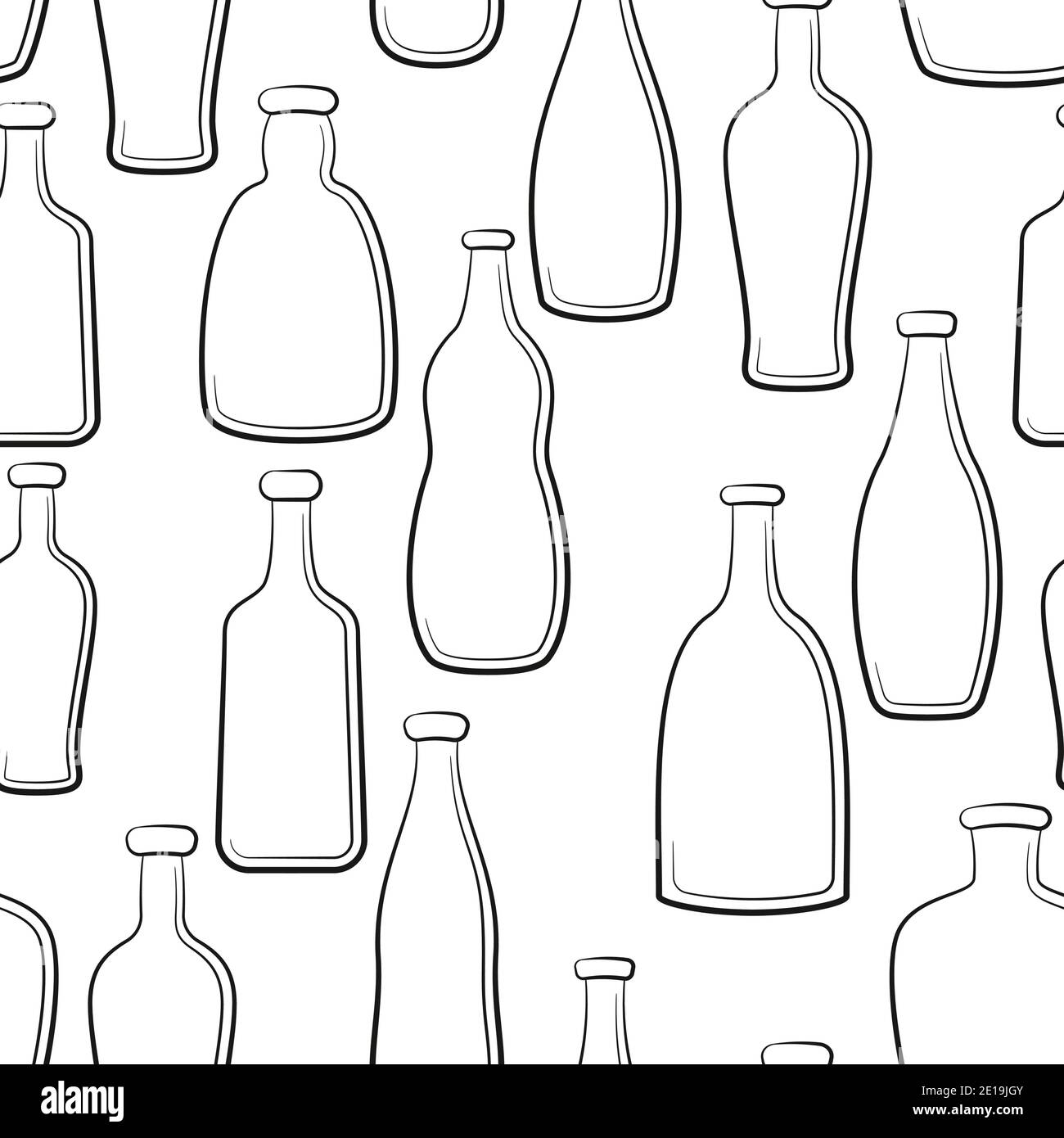 Seamless Pattern, Vintage Bottles Black Contours Isolated on White Background. Vector Stock Vector