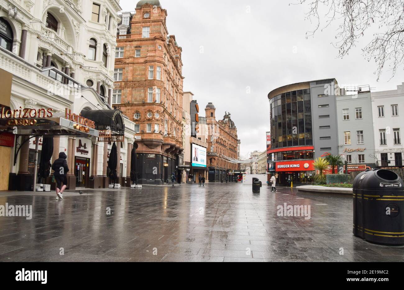 View of an empty Leicester Square in London as England imposes the third national lockdown. Stock Photo