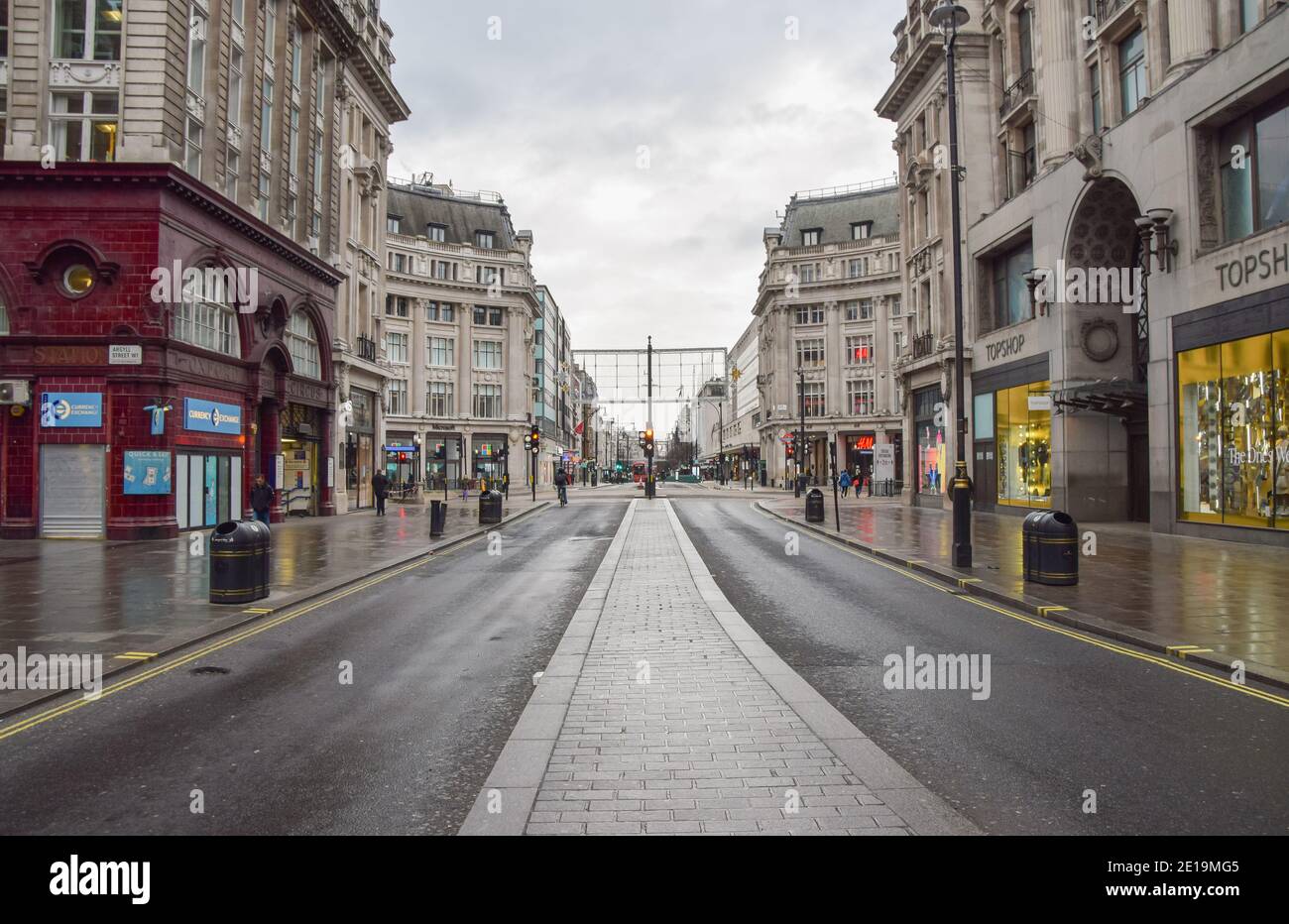 View of a deserted Oxford Street in London as England imposes the third national lockdown. Stock Photo