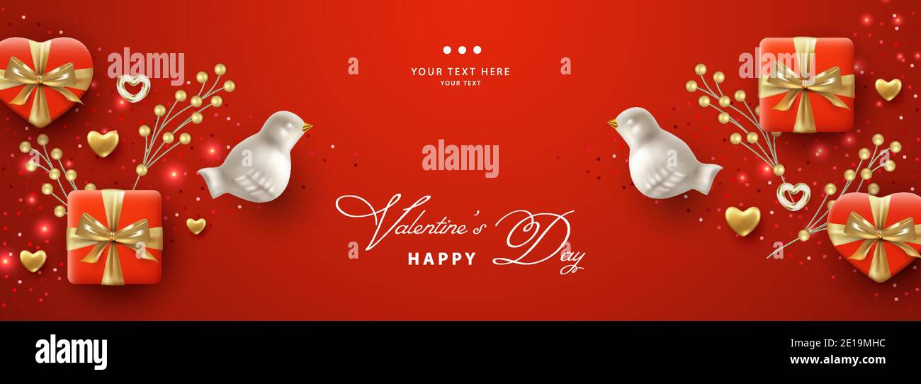 Horizontal banner for Valentine's Day with realistic porcelain birds ...