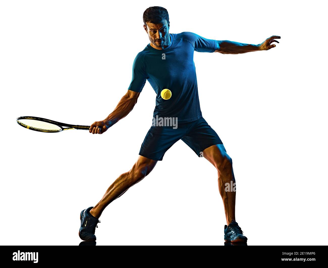 one caucasian mature man Tennis Player shadow silhouette  in studio  isolated on white background Stock Photo