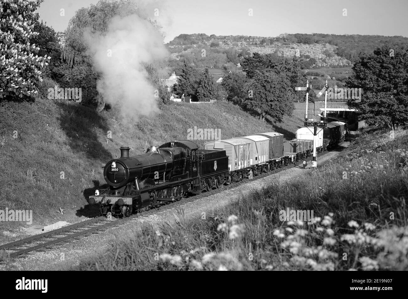 '3850' leaving Winchcombe with a goods train and heading towards Greet Tunnel. Stock Photo