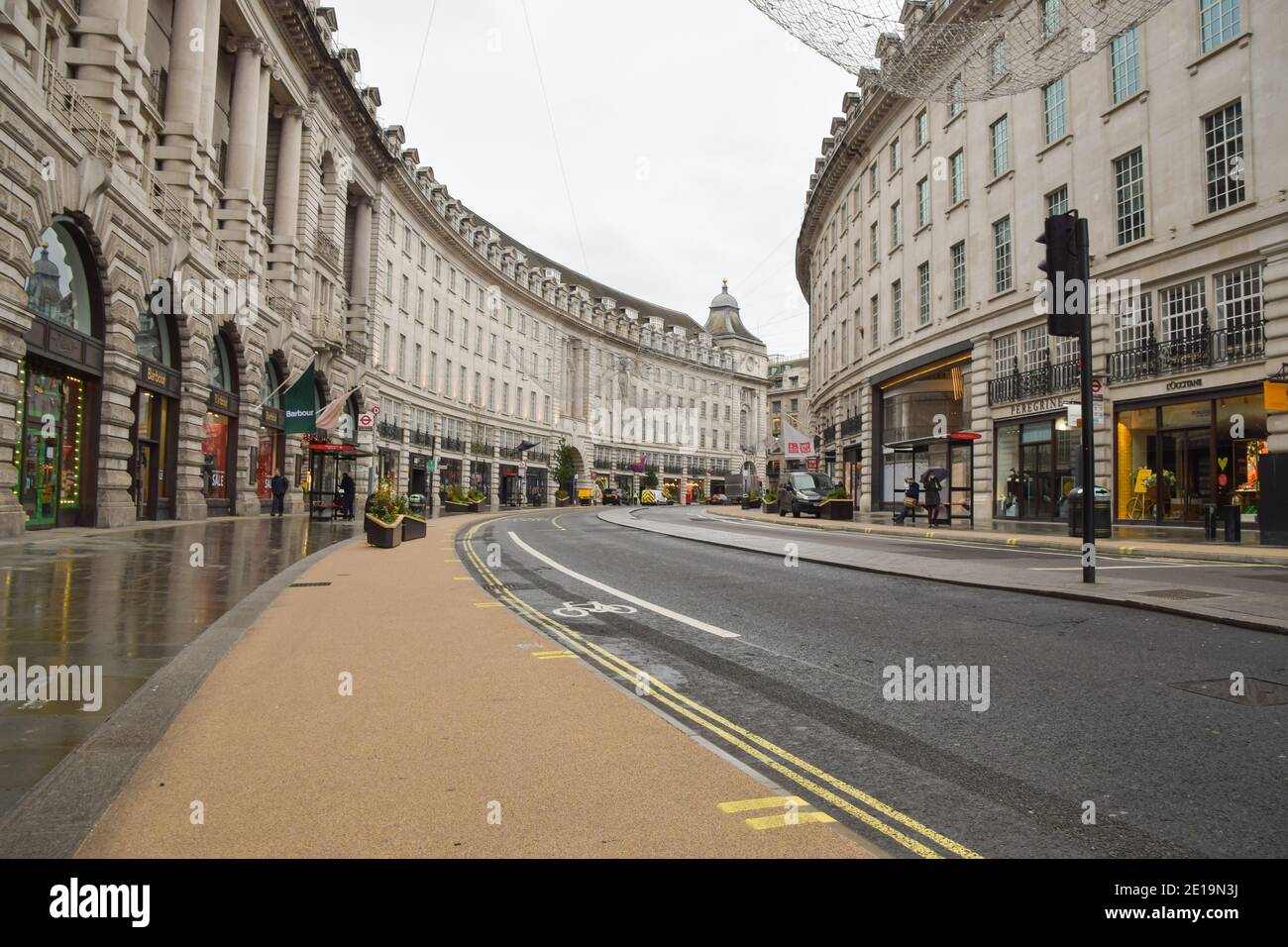 View of a deserted Regent Street in London as England imposes the third national lockdown. Stock Photo