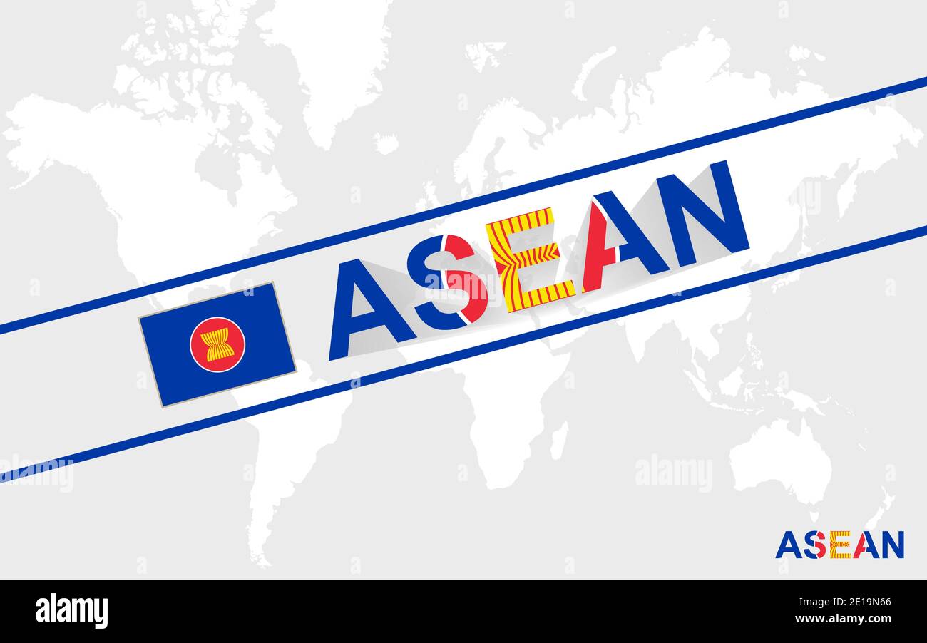 ASEAN flag and text illustration, on world map Stock Vector