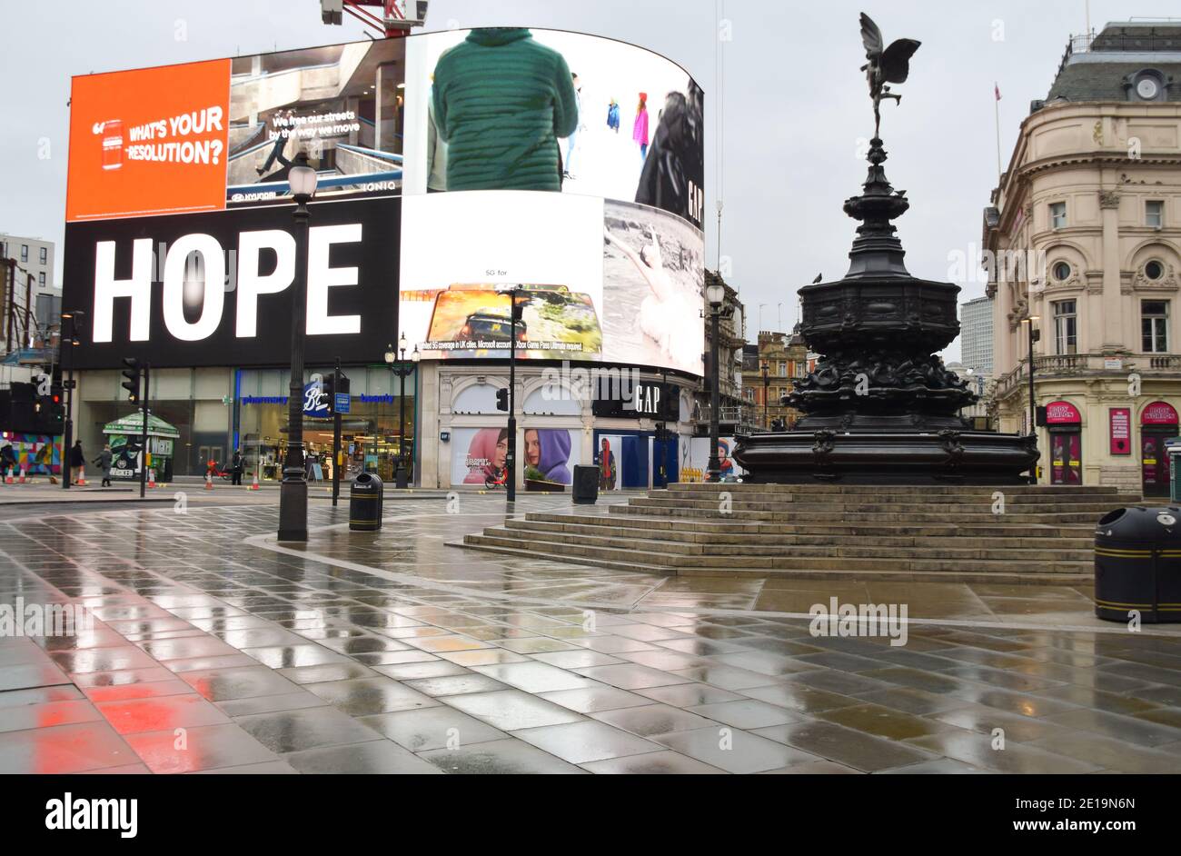 View of a deserted Piccadilly Circus in London as England imposes the third national lockdown. Stock Photo