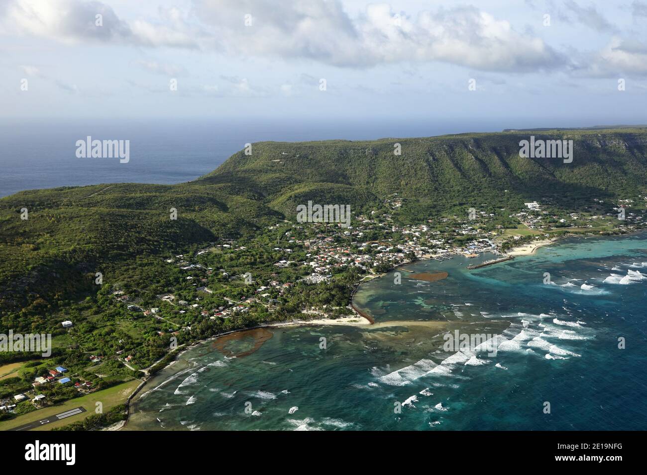 Guadeloupe: aerial view of the village of Beausejour, on the Island of La Desirade. Stock Photo