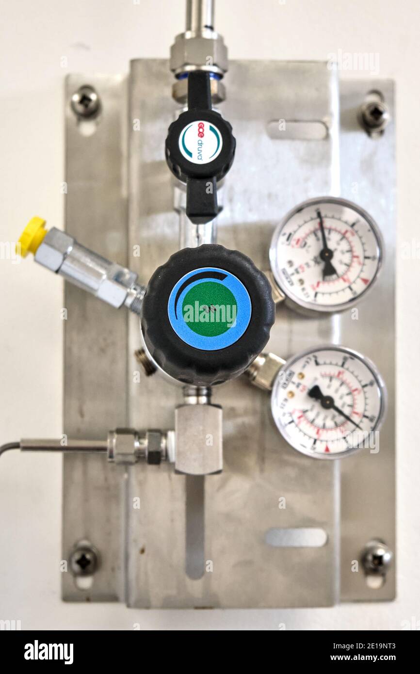 Connection for nitrogen cylinder. Measurement of pressure Stock Photo