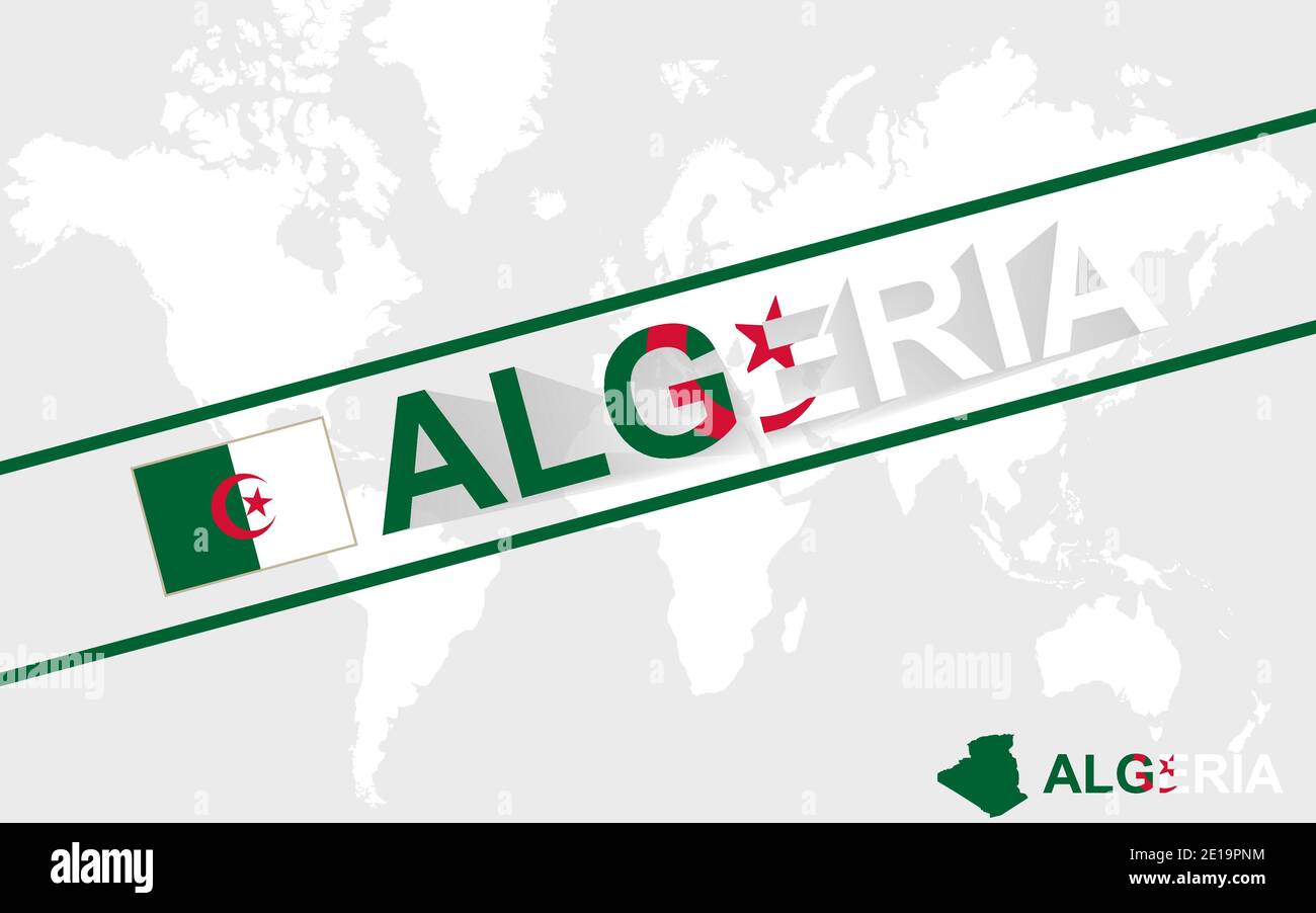 Algeria map flag and text illustration, on world map Stock Vector