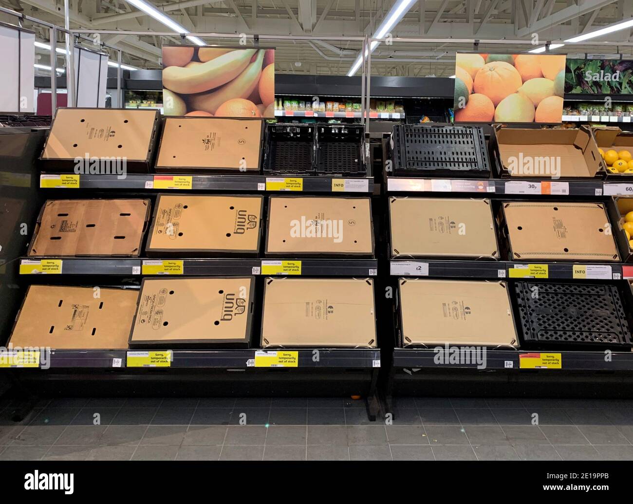 Haverhill, Suffolk UK. 5th January 2021.Empty shelves in Sainsburys