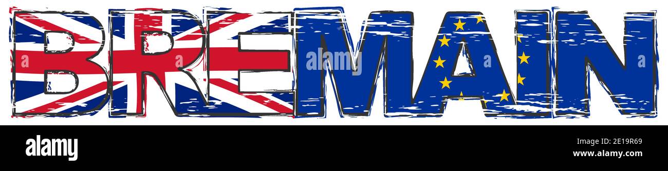 Word BREMAIN with UK and EU flag under it, distressed grunge look. Stock Vector