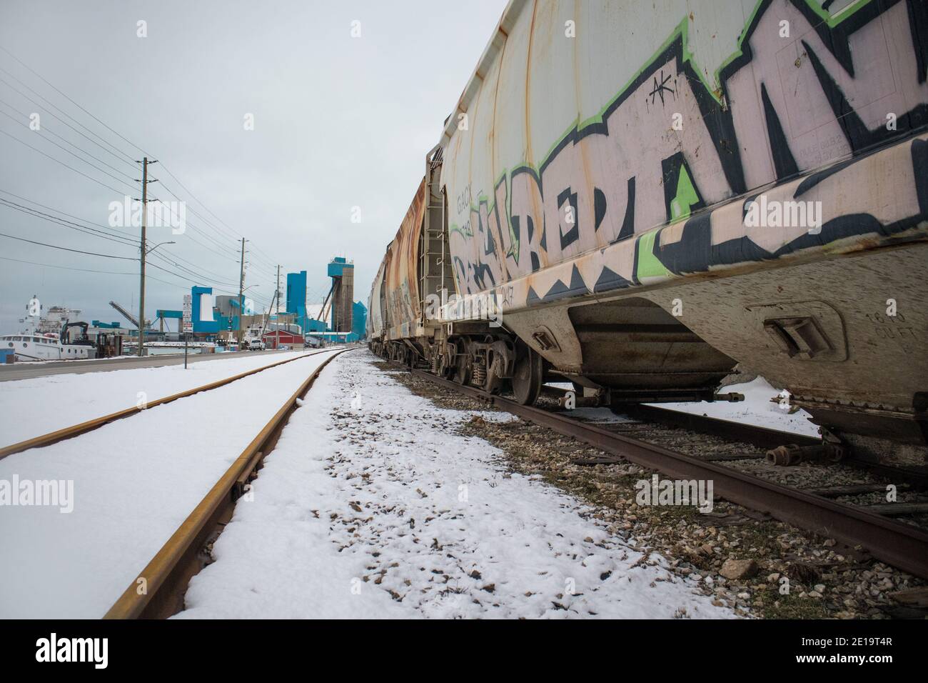 CN freight wagons at Goderich Port. Stock Photo