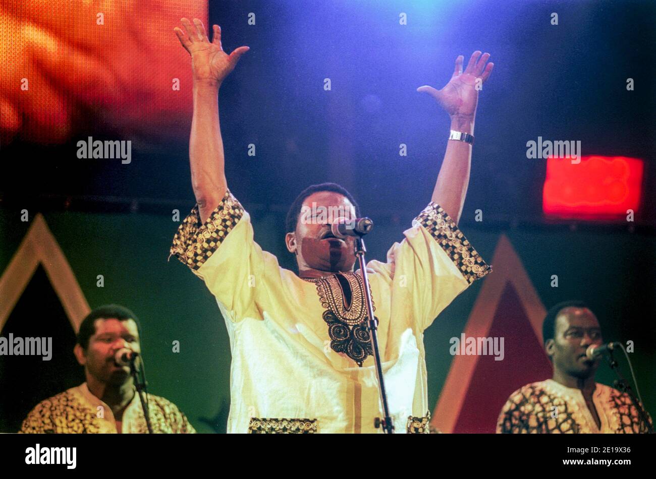 Joseph Shabalala, leader of Ladysmith Black Mambazo, performs with the group at Celebrate South Africa Freedom Day Concert On The Square, London, UK. Stock Photo