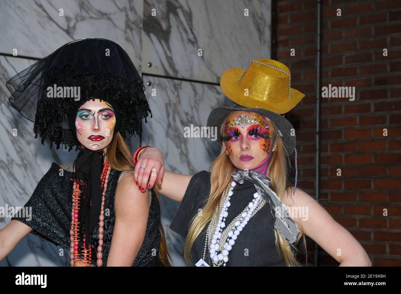 Flamboyant fashion designer Pierre Garroudi held his flashmob in London taking place from Knightsbridge to Sloan Square in December. Pierre showcases his designs and crisscrosses central London with a different location and designs each week. Merging art with fashion his designs have been worn by some of the famous style icons from Naomi Campbell to Scarlet Johansson. Strking makeup is used from the makeup artists @makeup_and_beauty_jo @hair_makeup_by_jacy and @zee_makeup_hair @imperialartistryunlimited Models used were @_ericabishop @erinlxoxo @elina.popescu @siborafisniku1 @merilintoomra Stock Photo