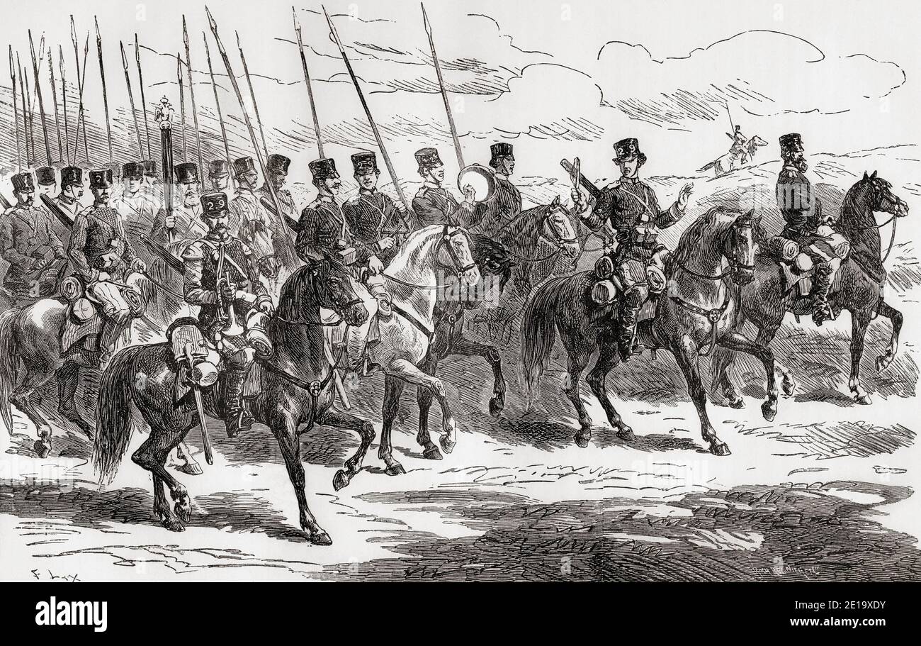 Russian cossacks on the march during the Russo-Turkish War (1877–1878).  From Russes et Turcs, La Guerre D'Orient, published 1878 Stock Photo