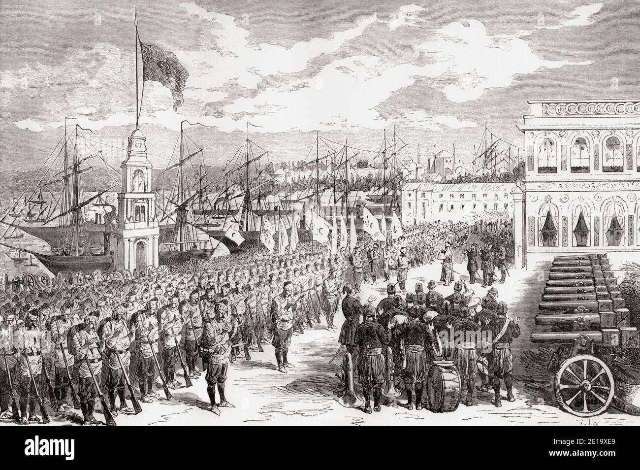 The battalions of the Batumi army disembarking at Trabzon aka Trebizond, Turkey, during the Russo-Turkish War (1877–1878).  From Russes et Turcs, La Guerre D'Orient, published 1878 Stock Photo