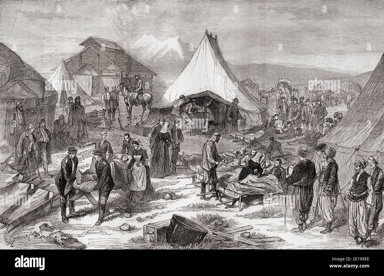 Russian field lazarett near Kars, Turkey, during The Russo-Turkish War of 1877 - 1878.  From Russes et Turcs, La Guerre D'Orient, published 1878 Stock Photo