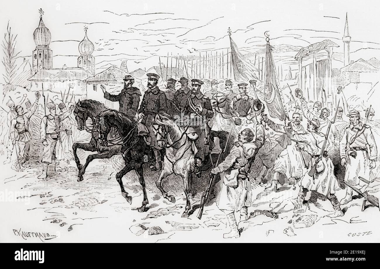 Alexander II of Russia, Grand Duke Nicholas Nikolaevich of Russia and Carol or Charles I of Romania make thier entrance into Plevna, Bulgaria in 1877 during the Russo-Turkish War (1877–1878).  From Russes et Turcs, La Guerre D'Orient, published 1878 Stock Photo