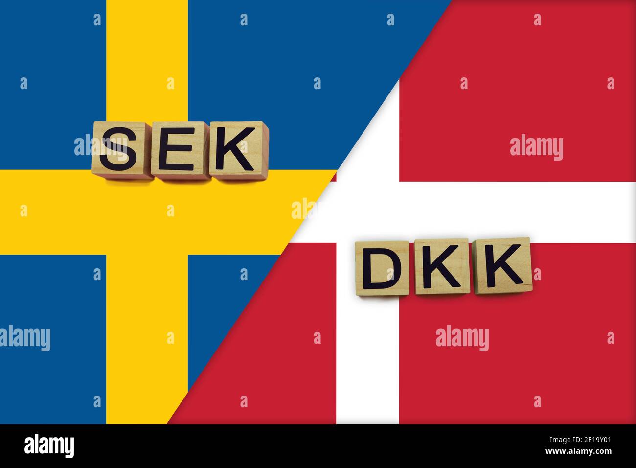 Sweden and Denmark currencies codes on national flags background