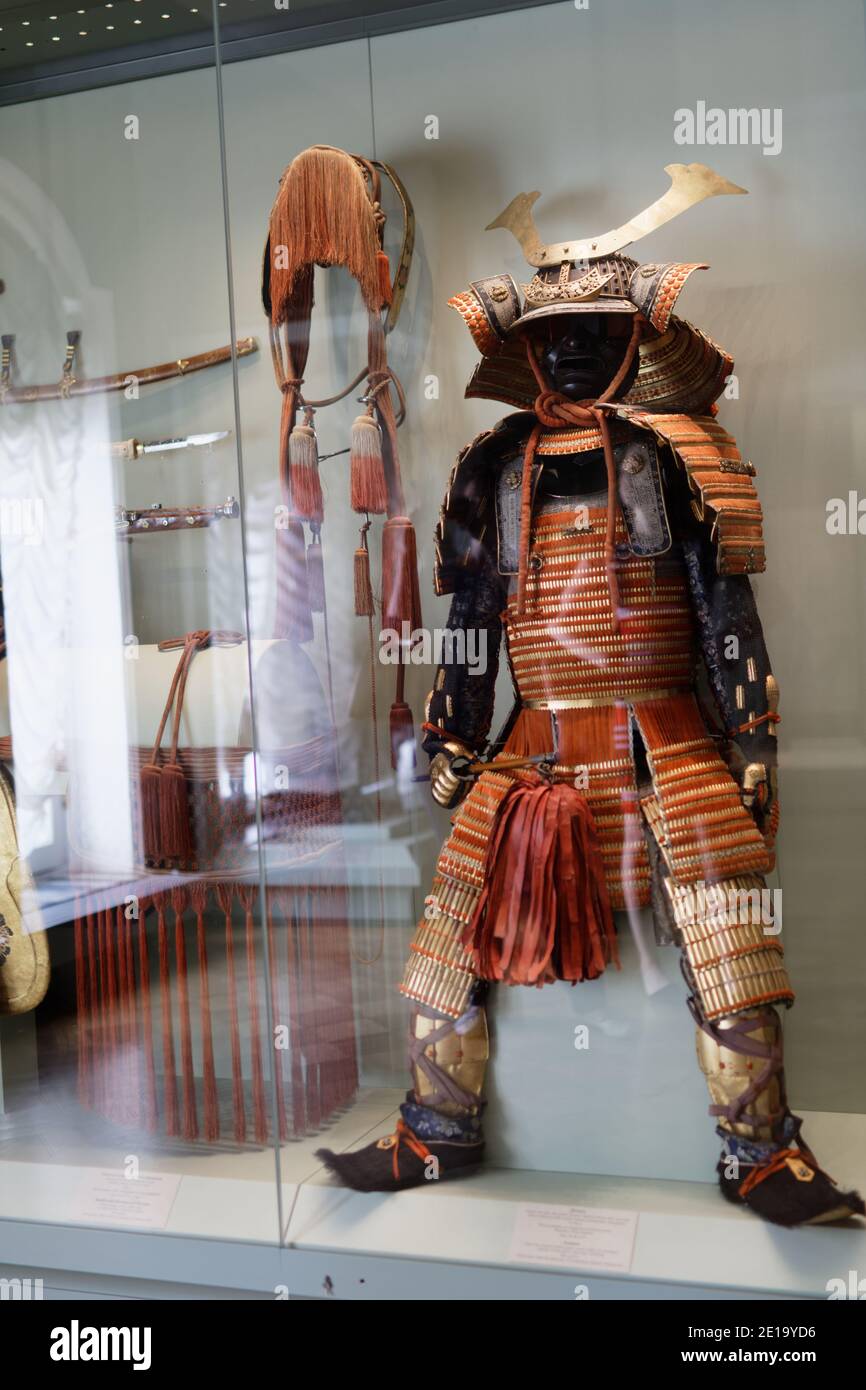 Samurai armour exhibited in the State Hermitage Museum, St. Petersburg, Russia, in rooms dedicated to Japanese art Stock Photo