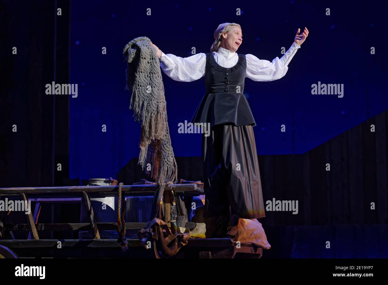 Darya Jurgens as Golde in the musical Fiddler on the Roof on the stage of the Music Hall theatre in St. Petersburg, Russia Stock Photo