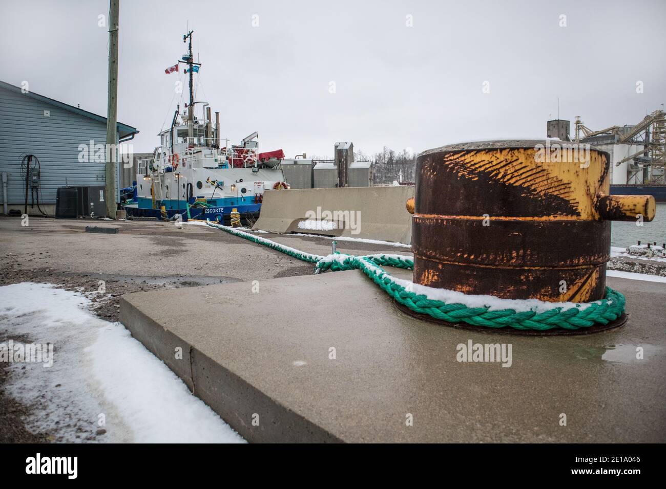 Goderich Port, tugboat moored to a pillar. Stock Photo