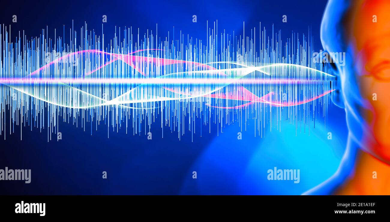 Hearing problems and solutions. Ultrasound. Deafness. Advancing age and hearing loss. Soundwave and equalizer bars with human ear. Sense of hearing Stock Photo