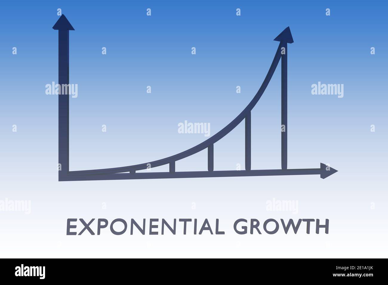 3D illustration of EXPONENTIAL GROWTH title above a column bar graph, isolated over blue gradient. Stock Photo