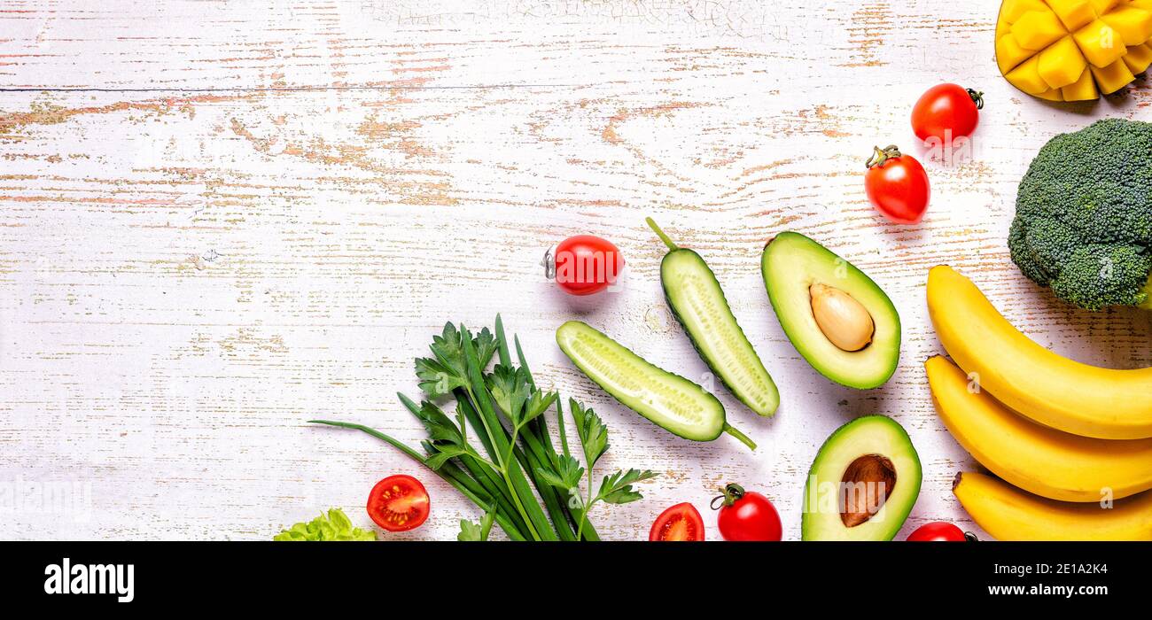 Healthy vegetables and fruits background with copy space Stock Photo ...