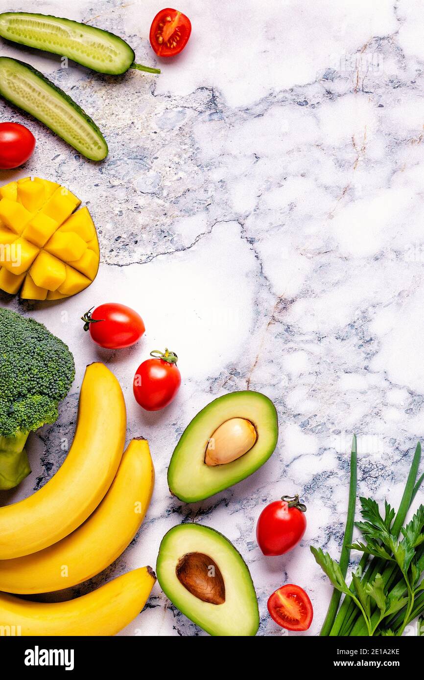 Healthy vegetables and fruits background with copy space Stock Photo ...