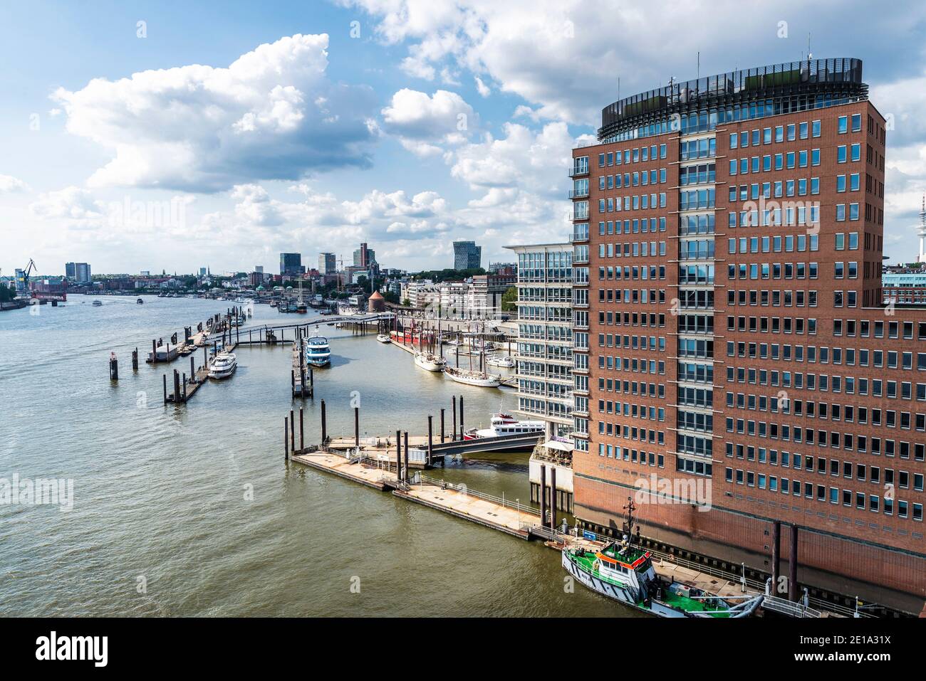 Hamburg, Germany - August 21, 2019: Overview of the Hanseatic Trade Center (HTC) and Columbus Haus, modern office building in HafenCity, in the port o Stock Photo