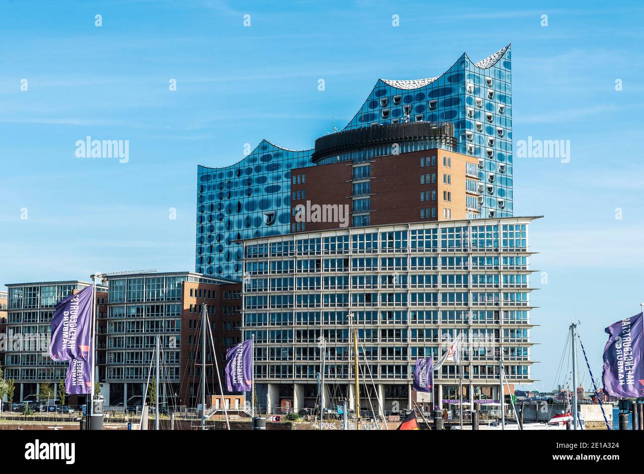 Hamburg, Germany - August 22, 2019: View of the Hanseatic Trade Center (HTC), Columbus Haus and the Elbphilharmonie (Elbe Philharmonic Hall) in HafenC Stock Photo