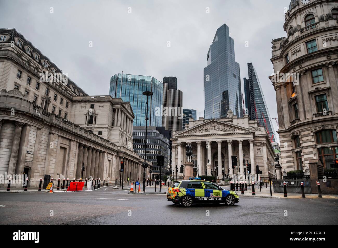 London, UK. 5th Jan, 2021. Bank Junction is quiet but not completely empty, like in the first lockdown, and Police make regular patrols - The first day of national Lockdown 3. This replaces Tier 4 restrictions and the Government instruction is for everyone to stay at home to save the pressure on the NHS. Credit: Guy Bell/Alamy Live News Stock Photo