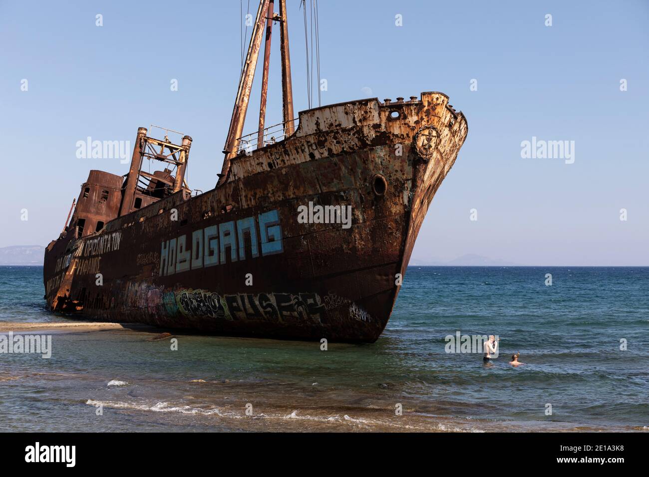 Tourists diving next to the shipwreck 'Dimitrios' in Gytheio, Peloponnese region, Greece on July 29, 2020. Stock Photo