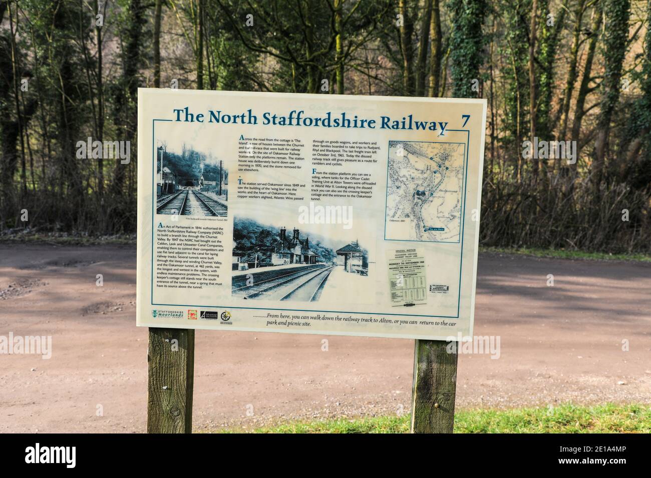 A sign or information board about the North Staffordshire Railway on the old Churnet railway line at Oakamoor, Staffordshire, England, UK Stock Photo