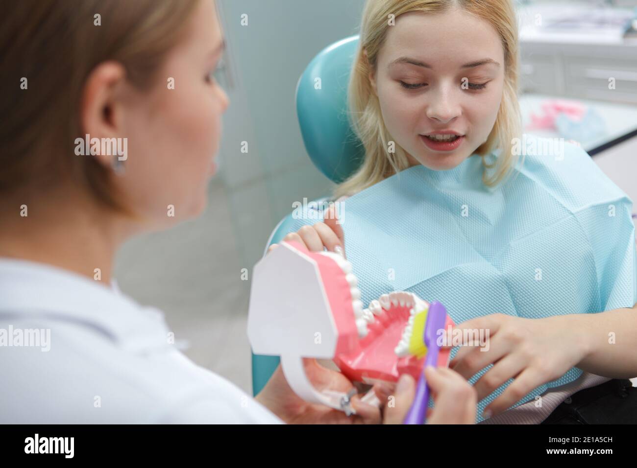 Female patient learning how to brush teeth correctly from her dentist Stock Photo Alamy