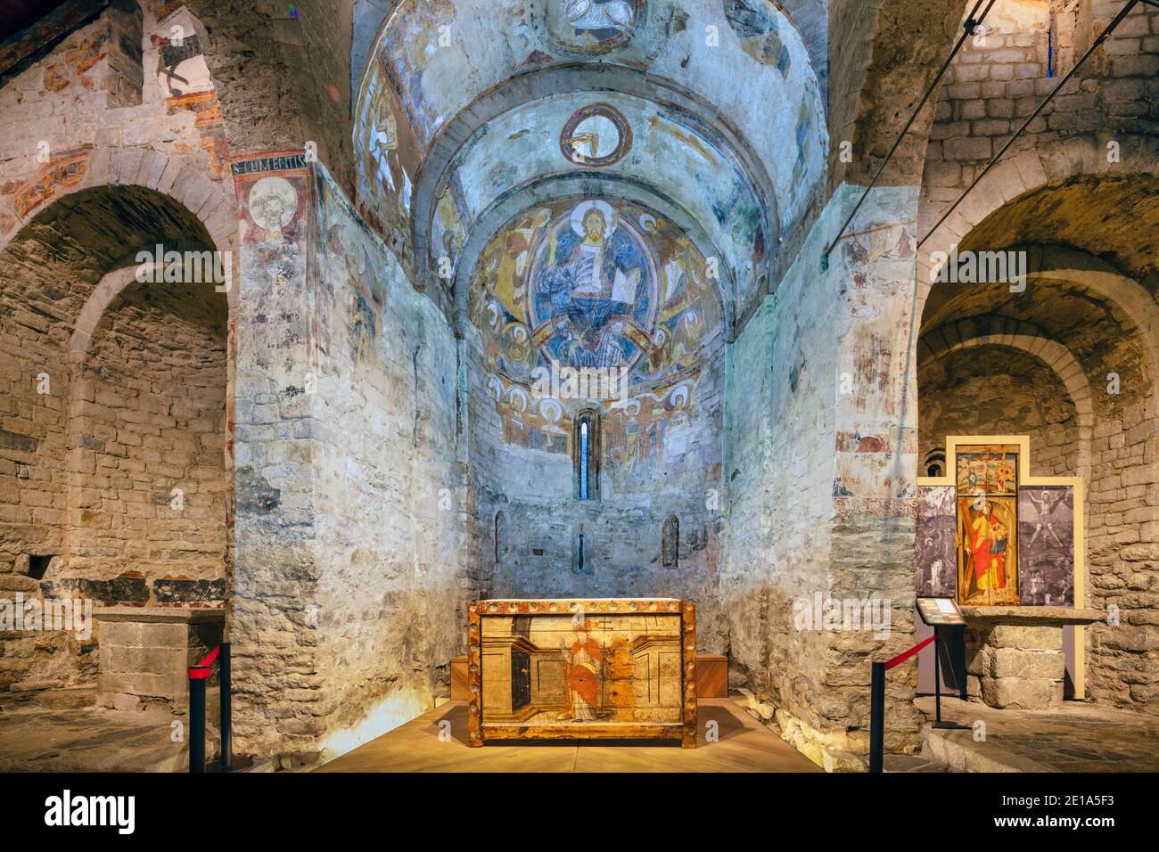 Interior of Romanesque church of Sant Climent, consecrated in 1123.  The chancel area. Taüll, Lleida Province, Catalonia, Spain.  The Catalan Romanesq Stock Photo