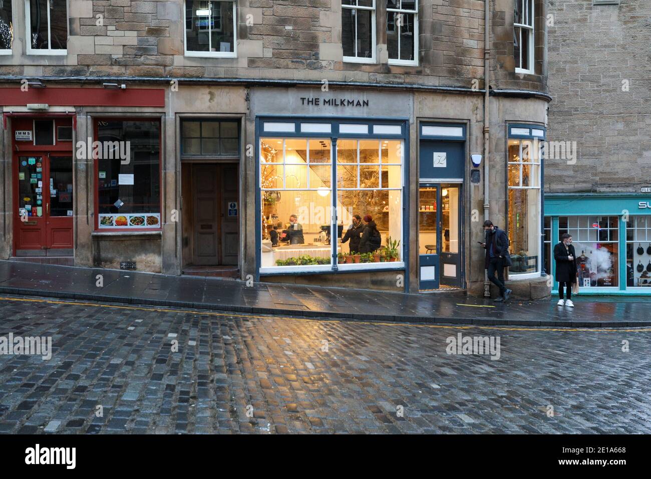 Edinburgh, Scotland, UK. 05th Jan, 2021. Very few businesses remain open near the city centre. Here is a small queue outside a popular coffee shop Credit: David Coulson/Alamy Live News Stock Photo