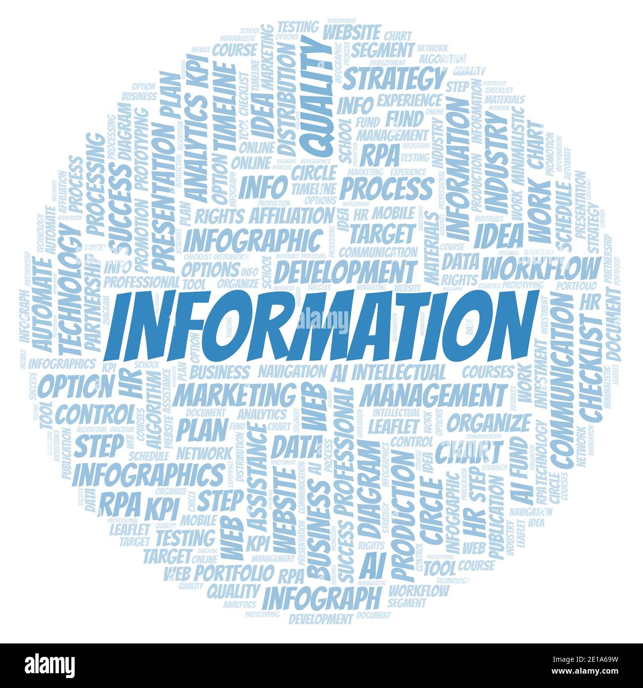 Information typography word cloud create with text only. Stock Photo
