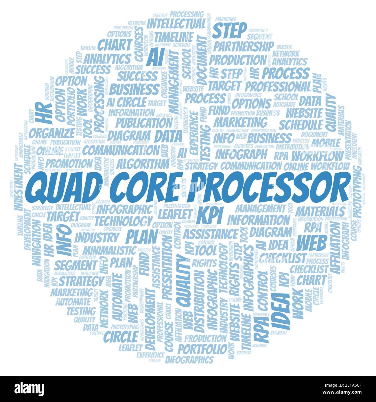 Quad Core Processor typography word cloud create with text only. Stock Photo
