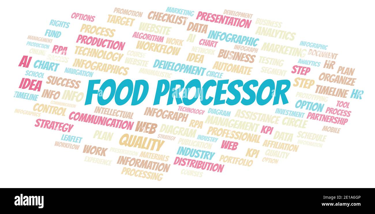 Food Processor typography word cloud create with text only. Stock Photo