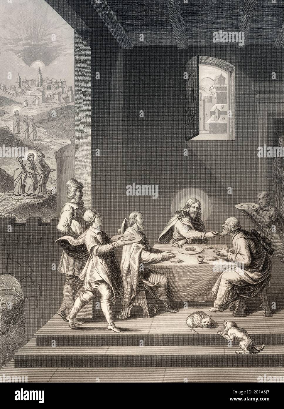 The road to Emmaus appearance, New Testament, steel engraving 1853, digitally restored Stock Photo
